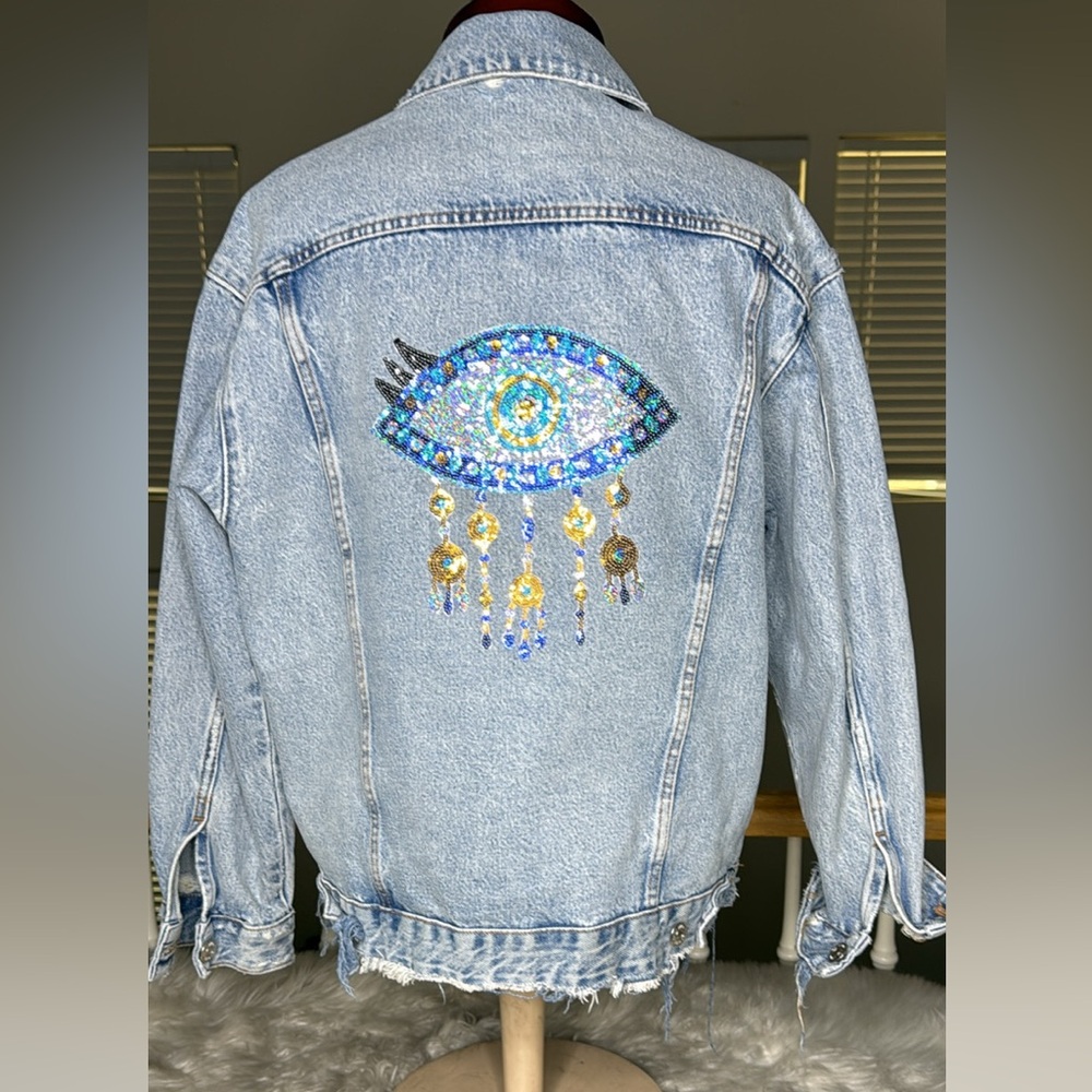 Zara Light Blue Denim Jacket Size Medium Evil Eye Sequin Unique Up Cycled